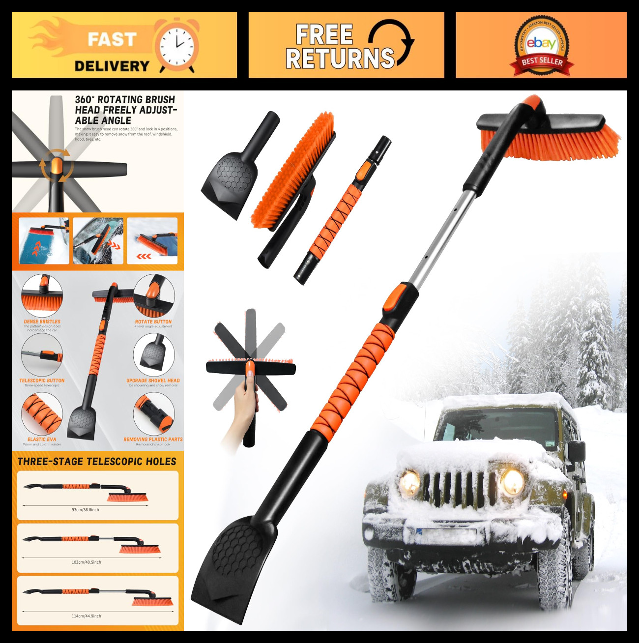 45" Extendable Snow Brush & Ice Scraper for Car Windshield, 360° Pivot Head, Sil