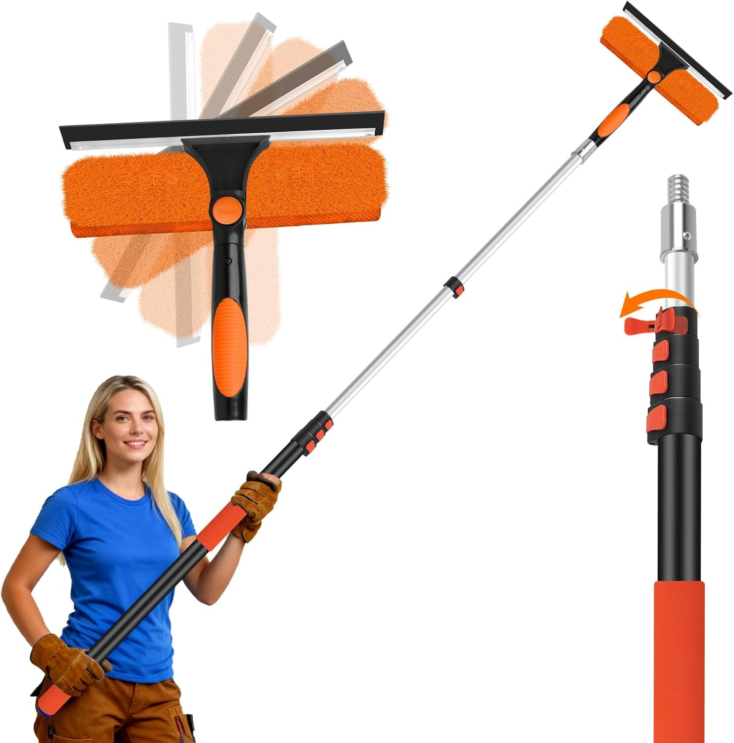 26FT Telescoping Window Squeegee Kit | 2-In-1 Window Washer & Microfiber Scrubbe