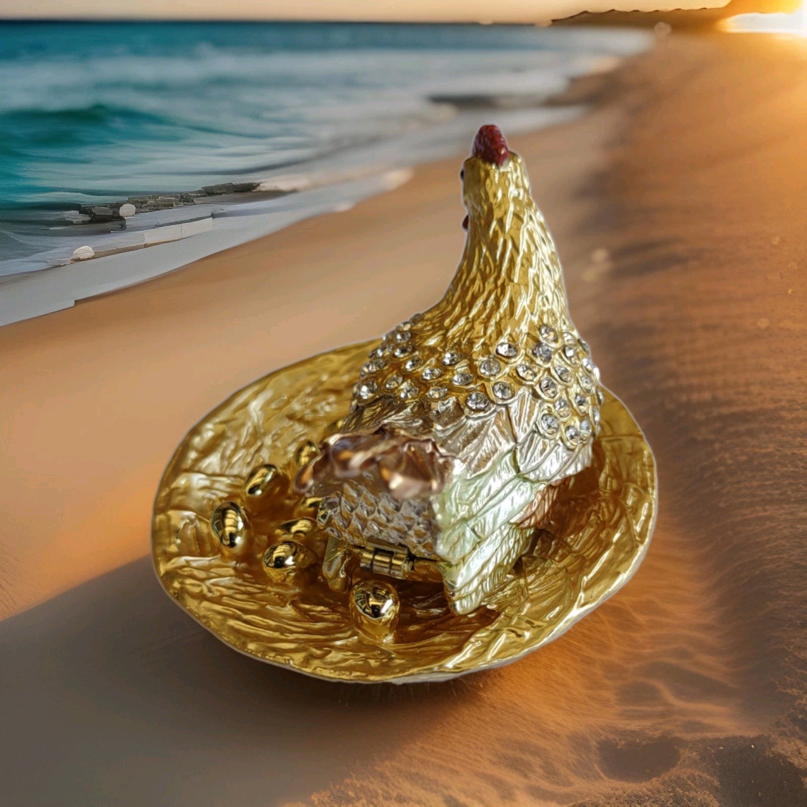 Gold Brown Chicken Hen Trinket Box