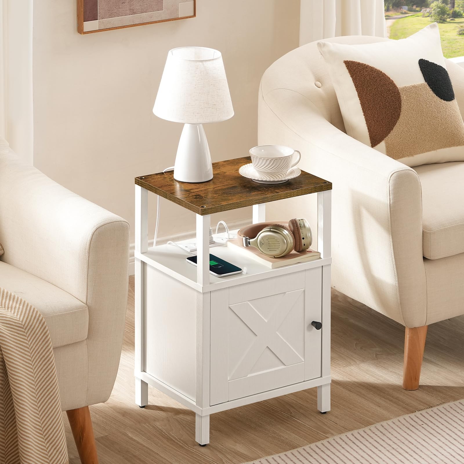 MAHANCRIS Farmhouse Nightstand 15"L x 11.8"W x 23.6"H, Rustic Brown, White