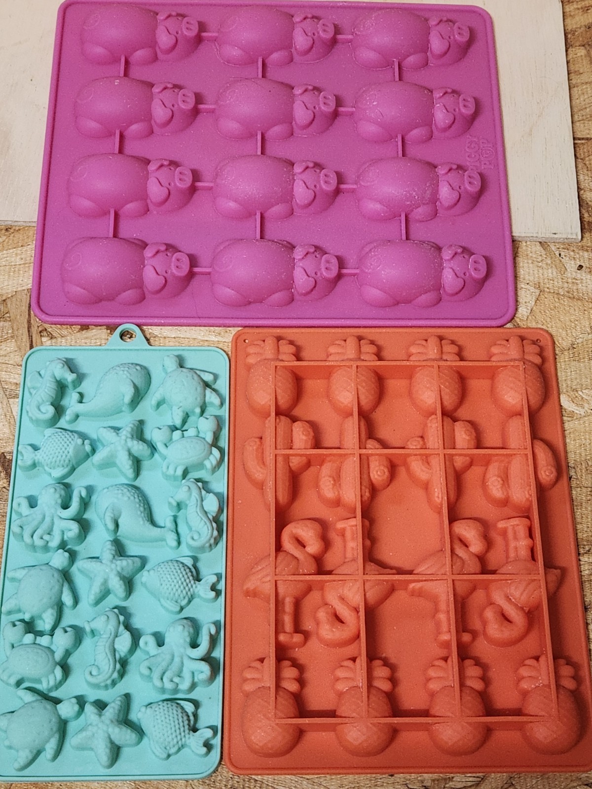 Ice or Candy Or Wax Molds Set Of 3. Pigs, Sealed Creatures,  Flamingo, Pineapple