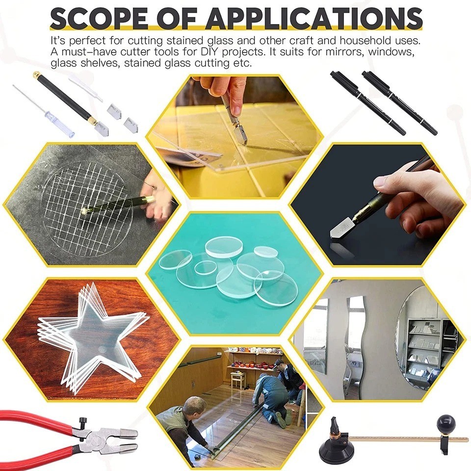 9 Pcs Glass Cutting Tool Set Kit Includes Adjustable Circular Glass Cutter, Glas