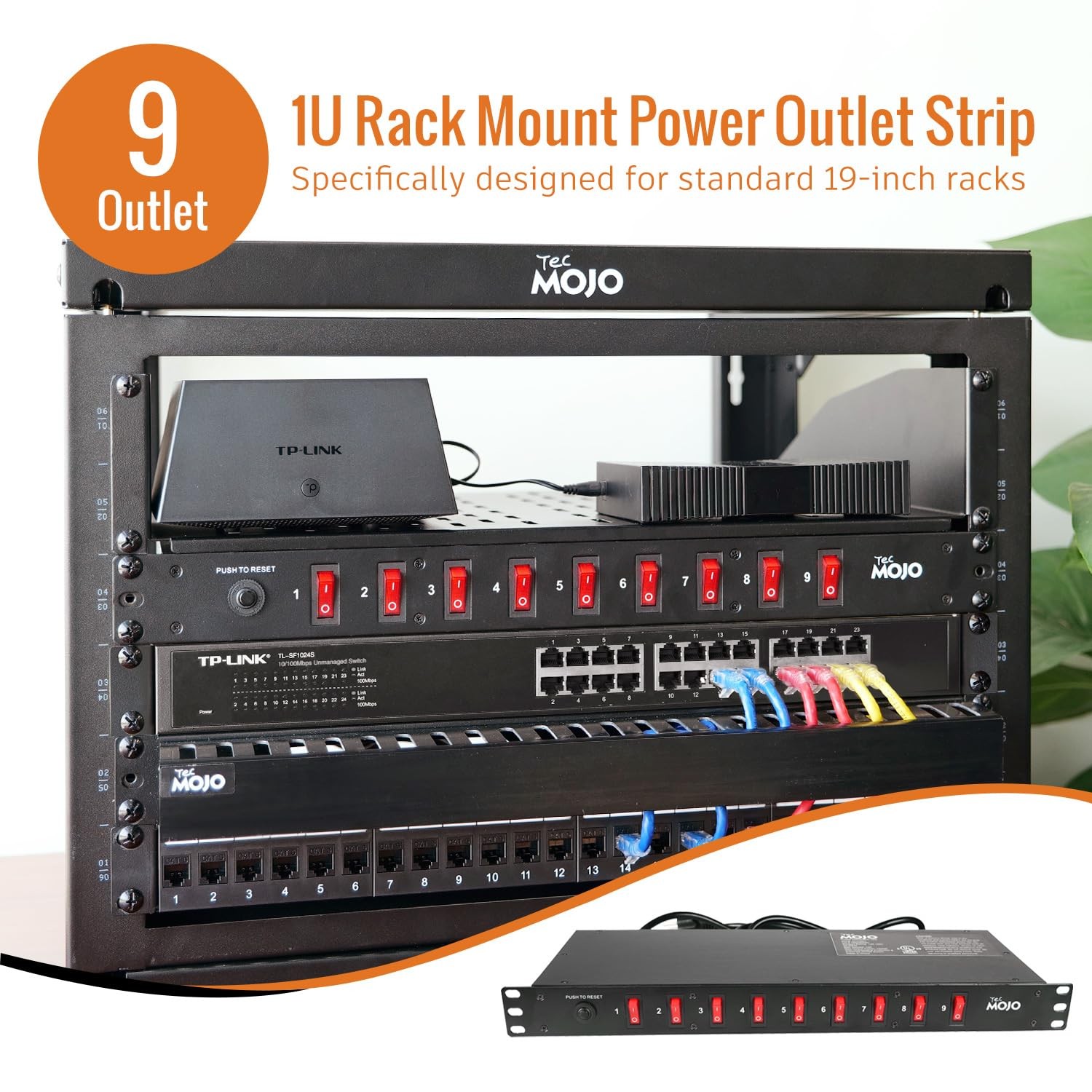9-Outlet Rack Mount 9 Outlets/12A/Overloading Protection, Black