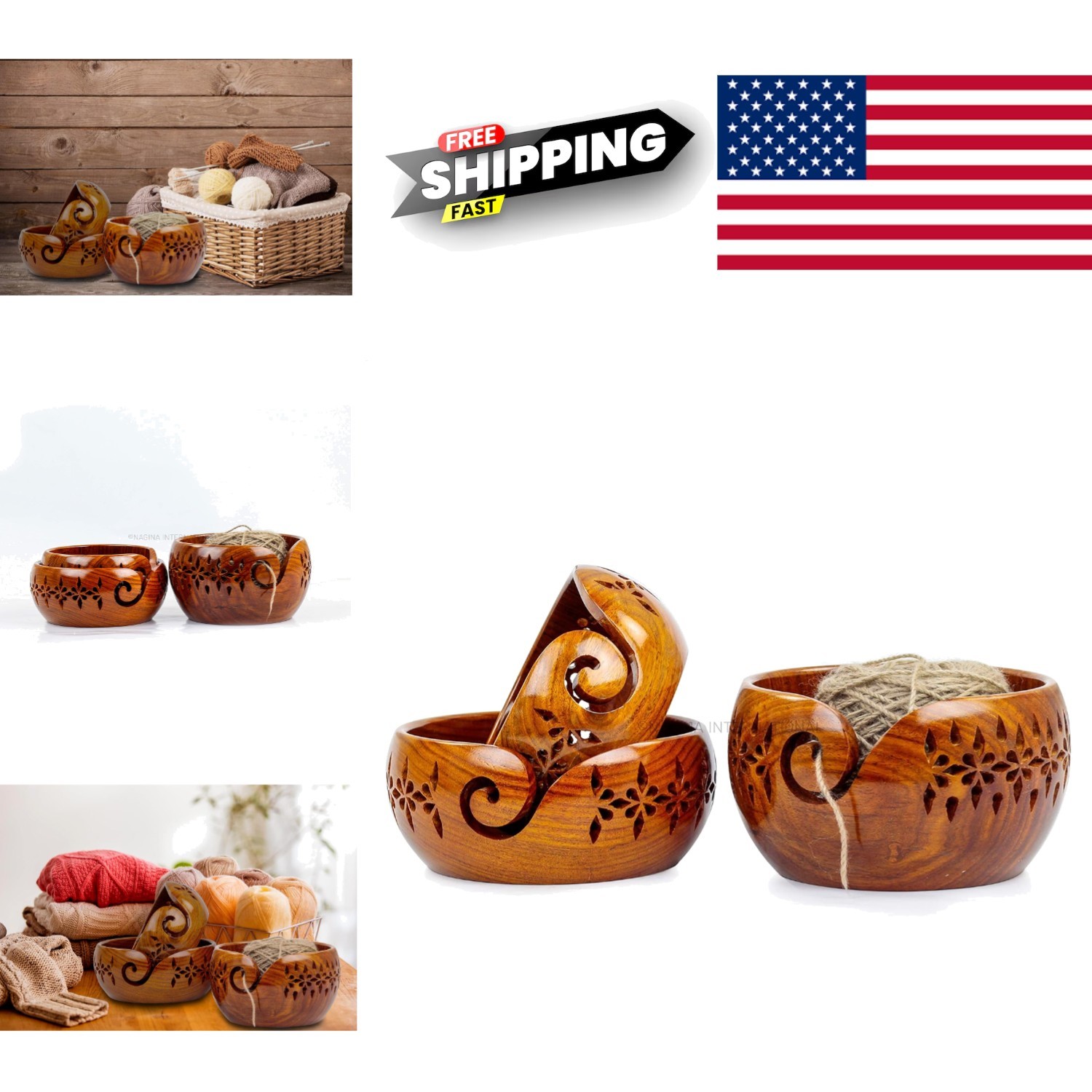 Authentic Rosewood Yarn Bowl Set with Deep Rich Finish for Knitting Accessories