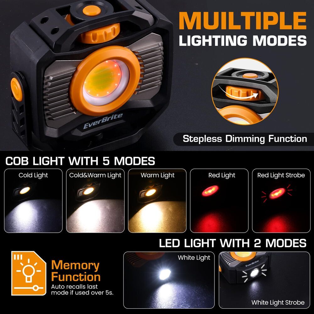 EverBrite 2000LM Magnetic COB LED Work Light Rechargeable 7 Modes 360° Rotatable