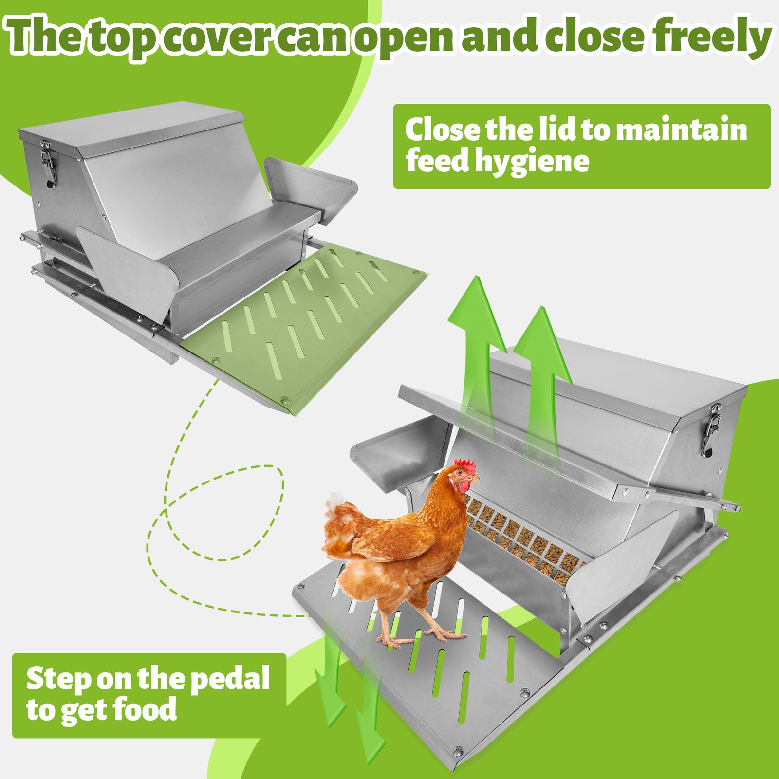 Galvanized Steel Automatic Chicken Feeder Weatherproof 20lb Feed Container