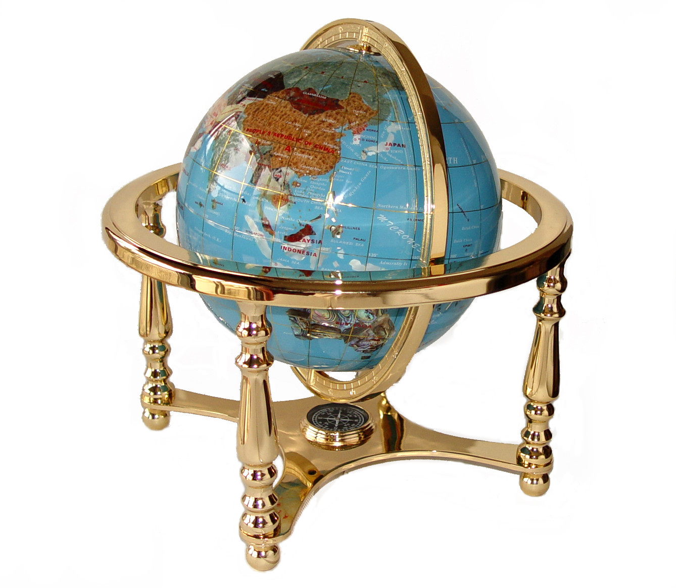 13" Turquoise ocean Gold 4- leg table stand Gem Gemstone World MAP globe