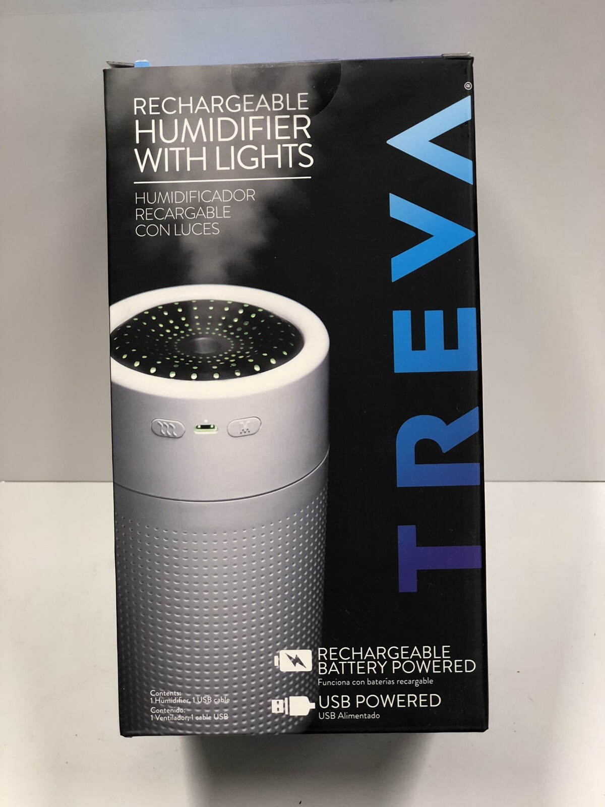 Treva Portable Cool Mist Mini Humidifier w/ Colored LED Lights, USB Rechargeable