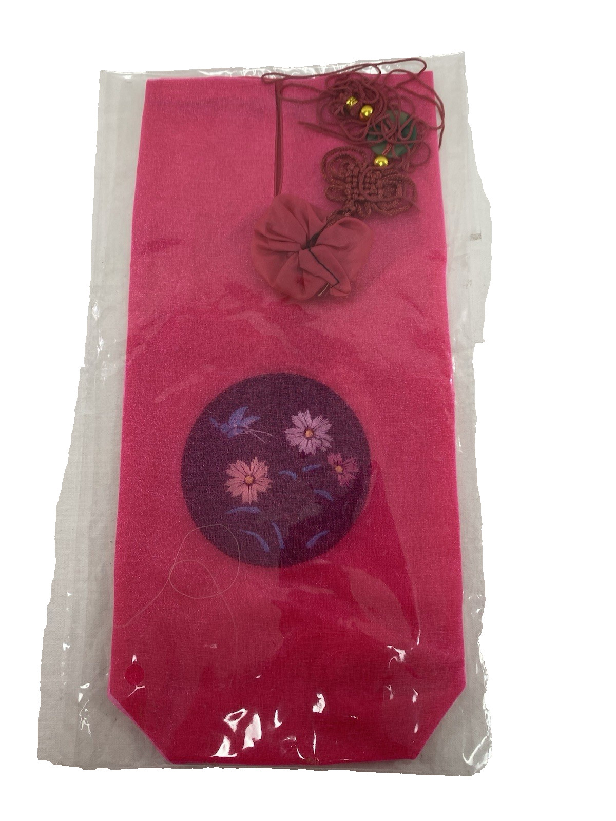 Wine Gift Bag~Organza like~Lined w/Good Fortune Red Knot Tassel~Pink~Floral~NIP