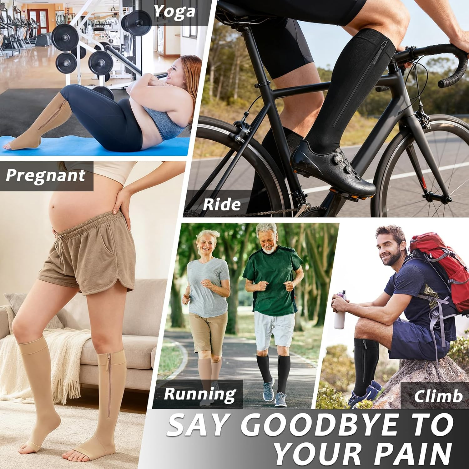 Ailaka Zipper Compression Socks for Women Men, 20-30 mmHg Open Toe Compression S