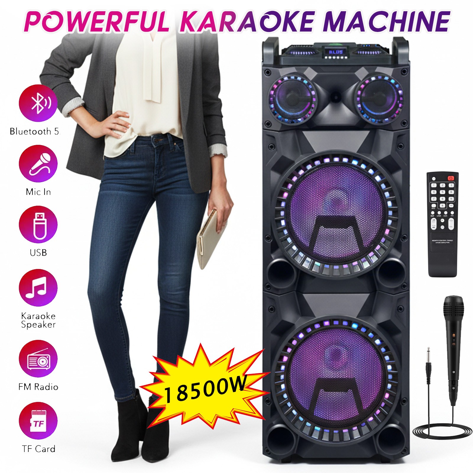 Dual 12" Woofer Portable FM Bluetooth Party Speaker PA Deep Bass Sound With Mic