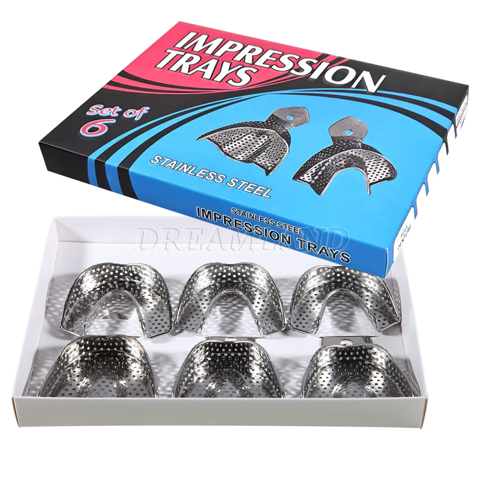 6pcs/ kit Dental Autoclavable Metal Impression Trays Stainless Steel Upper&Lower