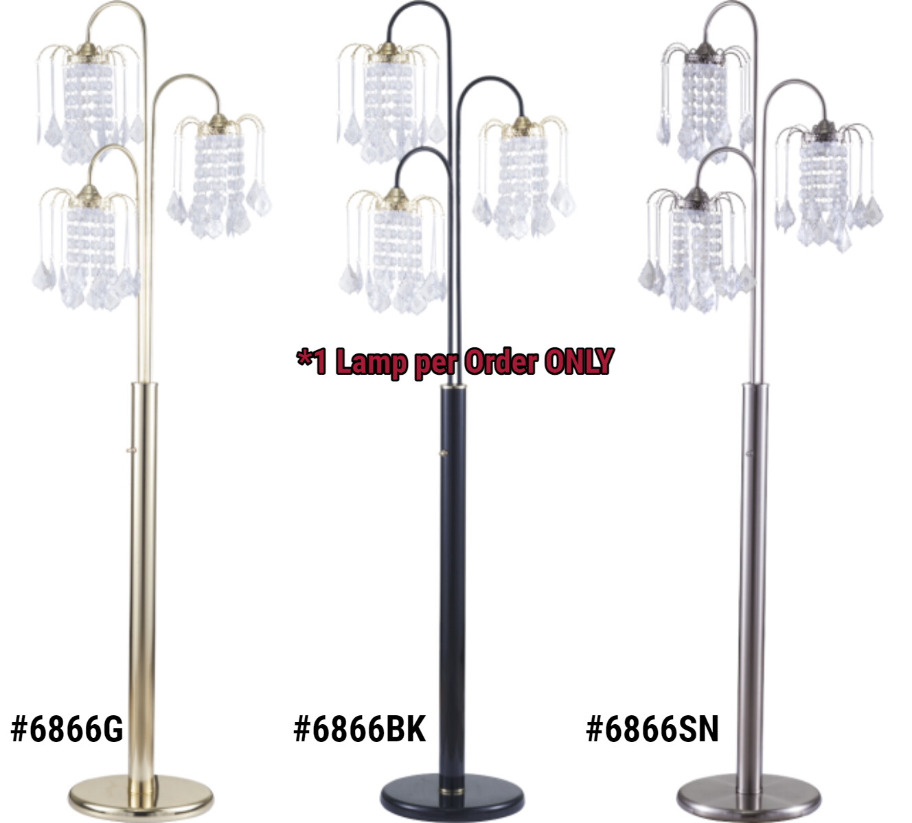 NEW 3-Color Base w/ Faux Crystal Ornaments Shades Finish 63" Floor Lamp 6866