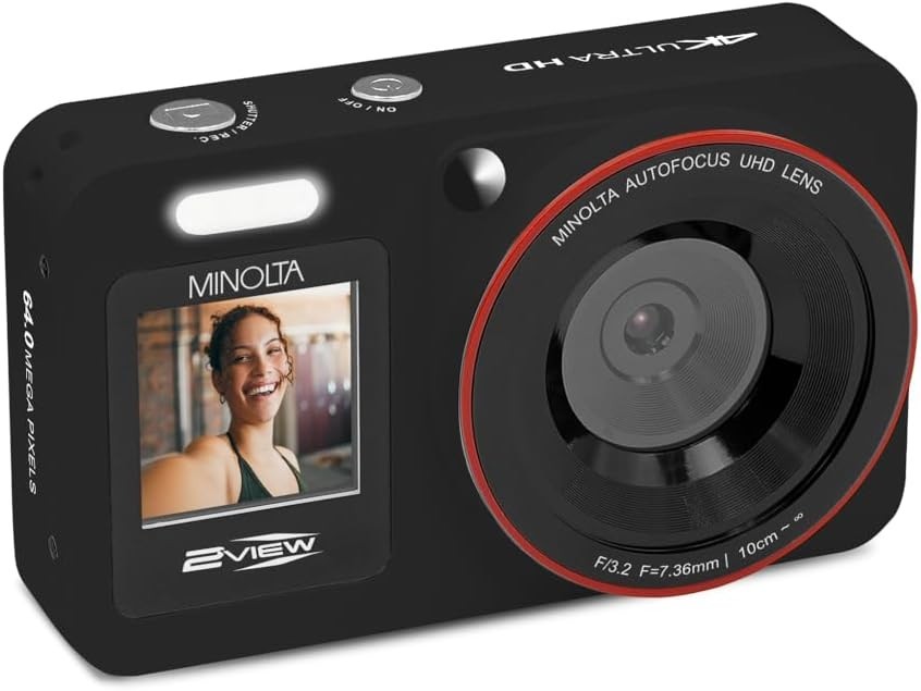Minolta 64MP Digital Camera, Dual Front Rear LCD Screens  with 4K Ultra HD Video