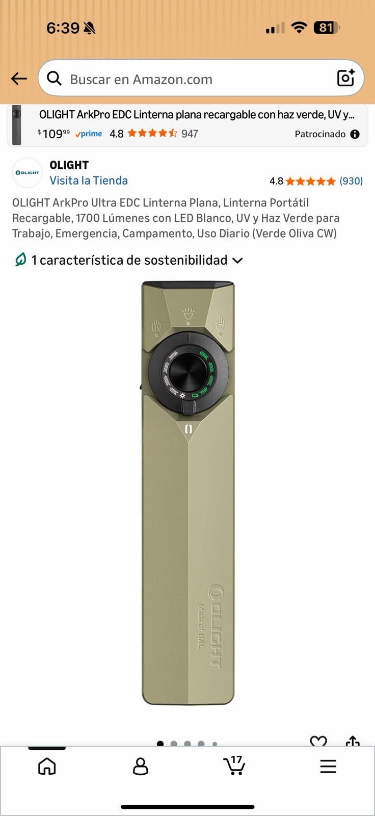 OLIGHT ArkPro Ultra EDC LED Flashlight 1700lm Rechargeable Green Aluminum 3.6V
