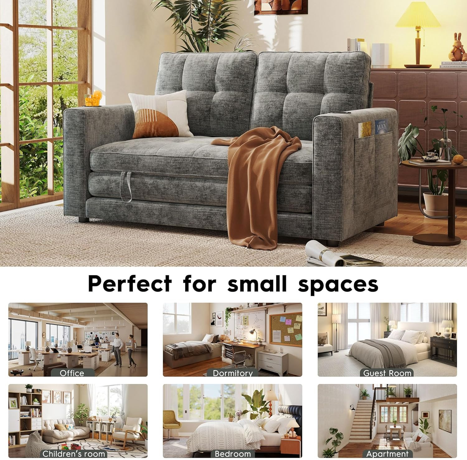 Compact 55" Grey Chenille Convertible Sofa Bed with Cup Holder & Pillow