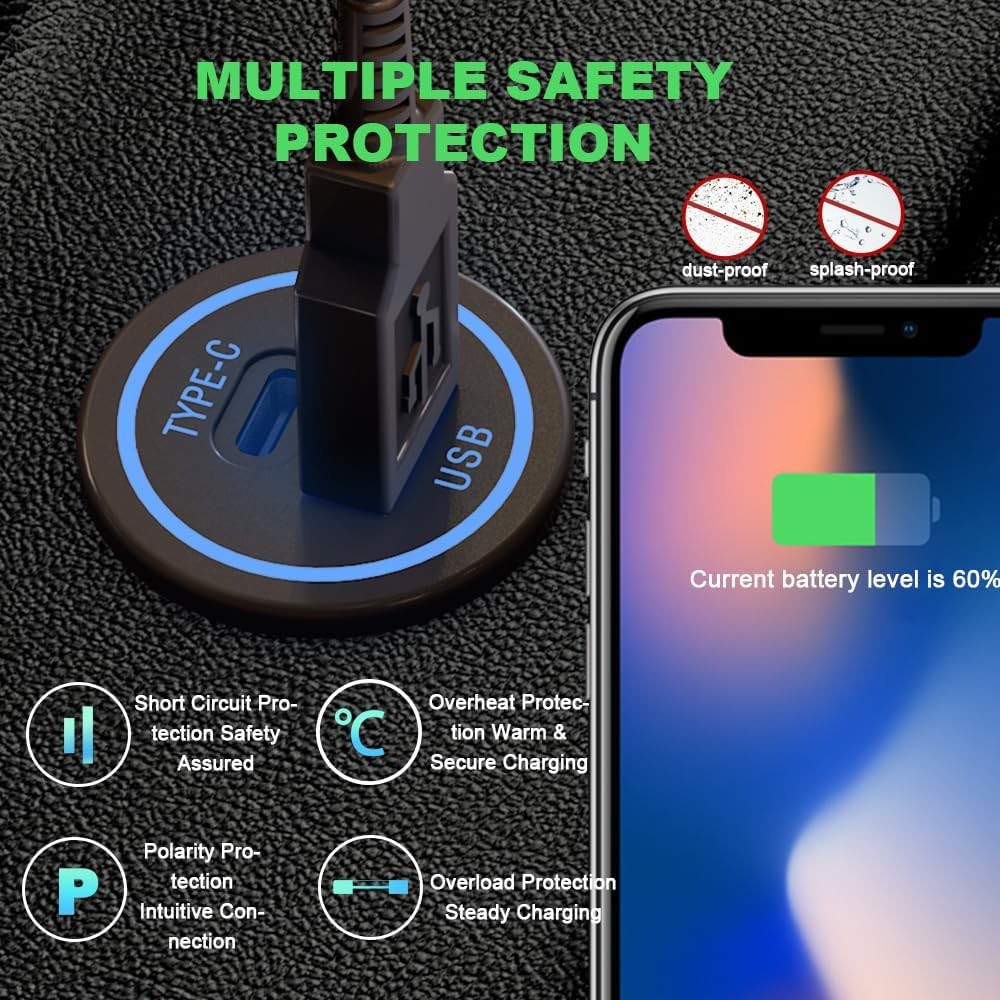 Cigarette Lighter Socket USB Type C 12V Waterproof with Cap Type C USB Car Charg