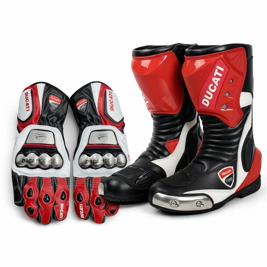 Ducati Corse MotoGP Racing Boots & Gloves Set Leather Motorbike Gear