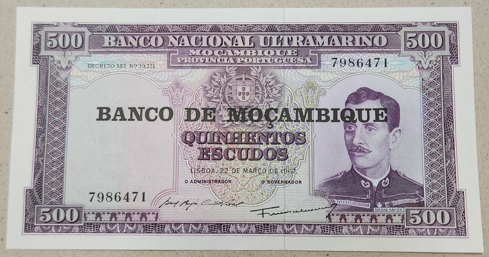 MOZAMBIQUE 🇲🇿 500 ESCUDOS BANKNOTE (MARCH 22, 1967 / OVERPRINT / P#118b)