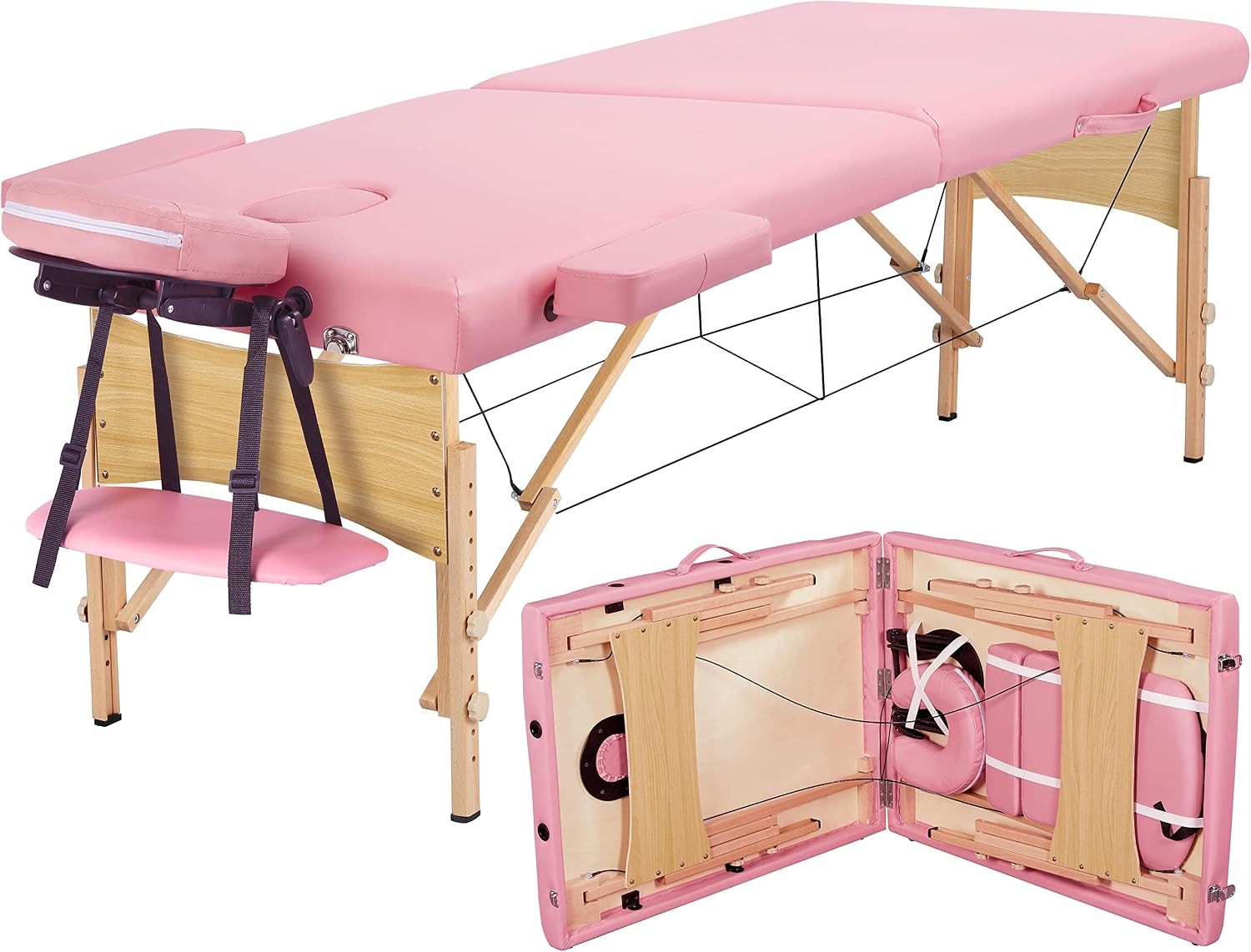 84x28in Portable Massage Table Folding Adjustable Lash Bed Pink Beechwood legs