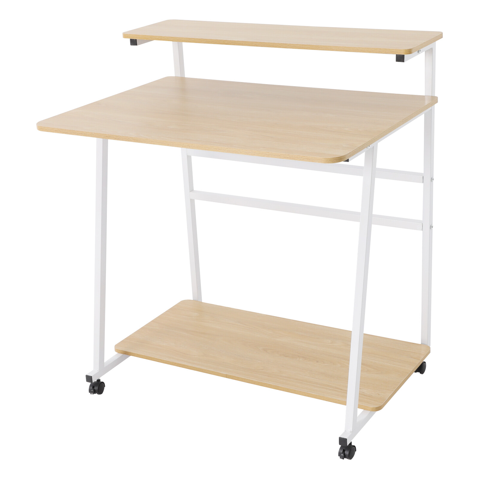 3-tier Computer Desk, Home Office Desk, Rolling Computer Desk, White, Log Color
