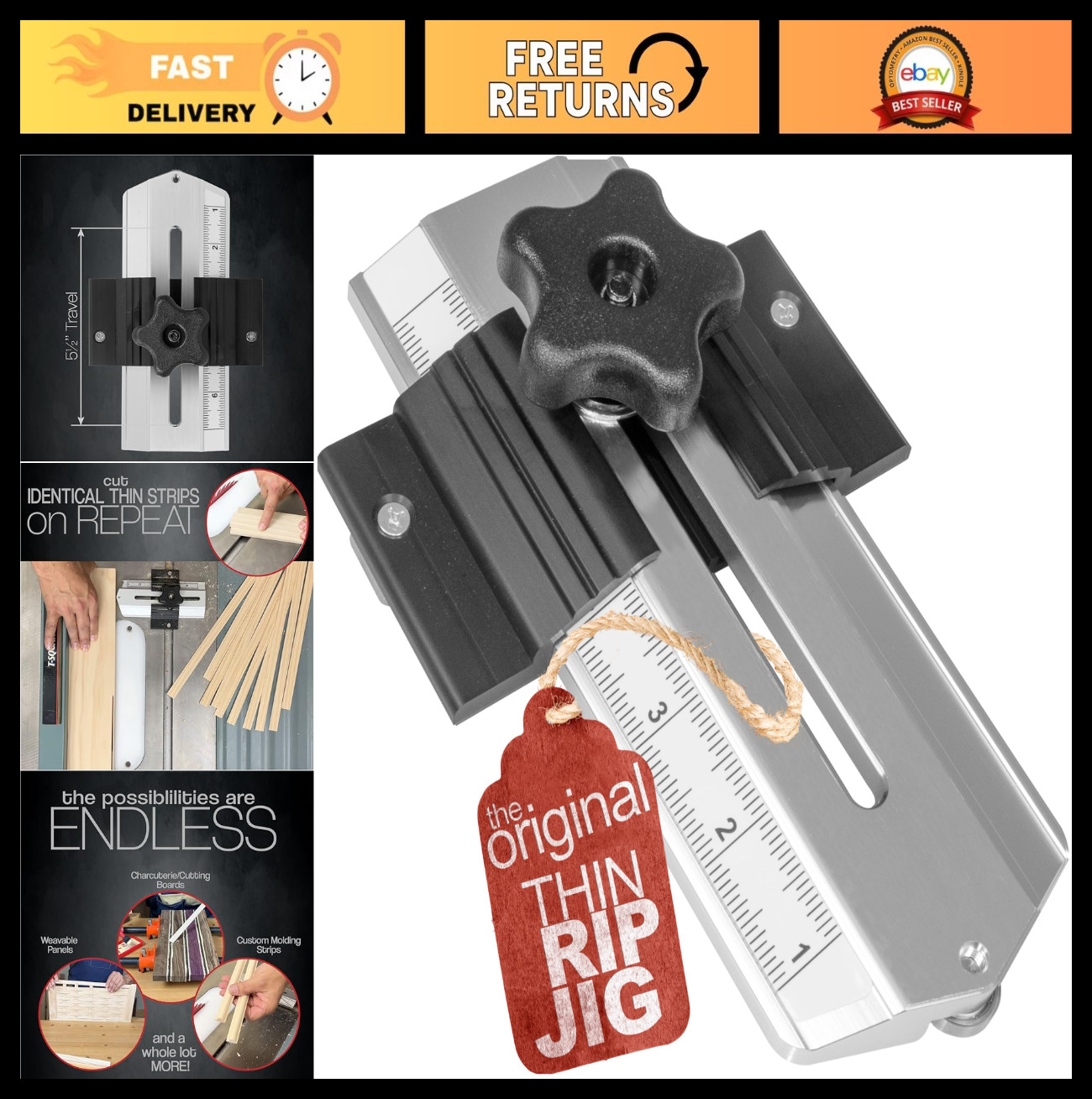 Thin Rip Jig for Table Saw - Precision Narrow Strip Cuts, Fits 3/4" Miter Slots,