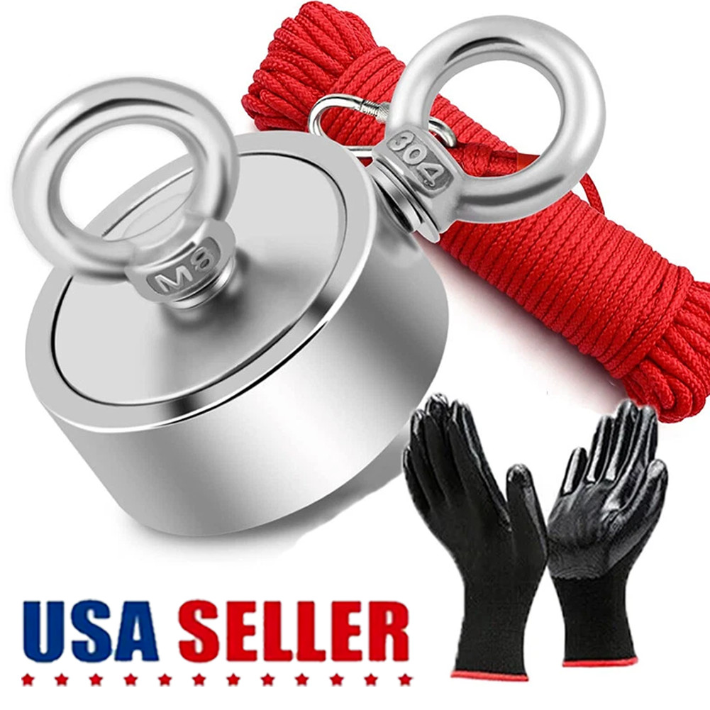Up to 1800 Lbs Fishing Magnet Kit Pull Force Strong Neodymium + Carabiner+ Rope
