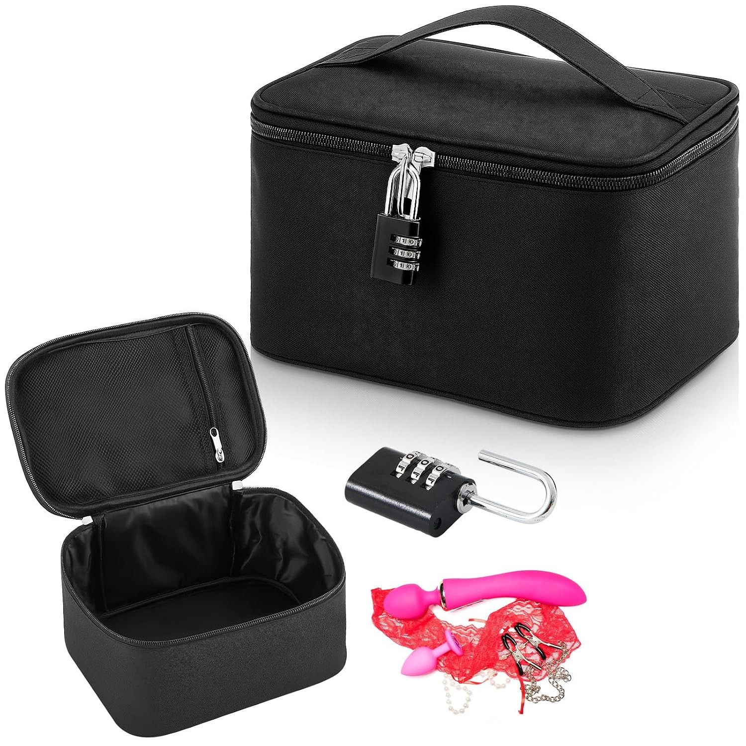 Black Lockable Discreet Personal Storage Bag with Zipper Organizer Case
