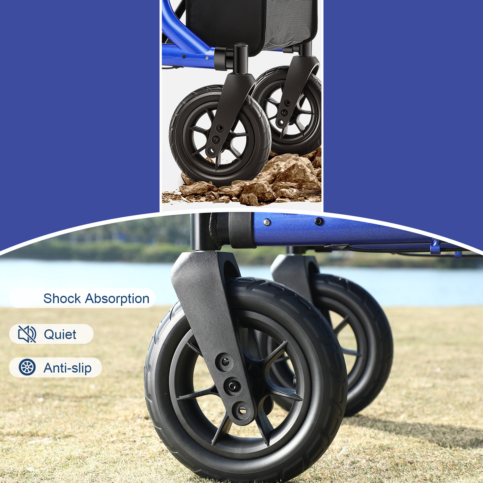 12"+10" Rubber Wheels All-Terrain Rollator Walker with Seat Foldable Adjustable