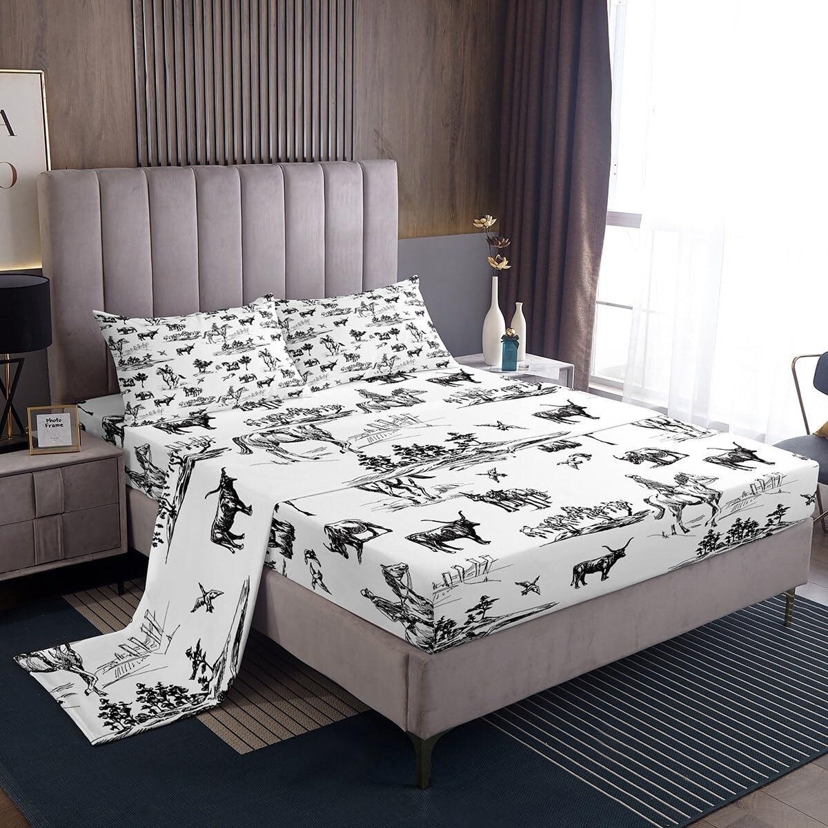 Western Sheet Set Queen Size Sketch Cowboy Cow and Horse Bedding Set 4Pcs Far...
