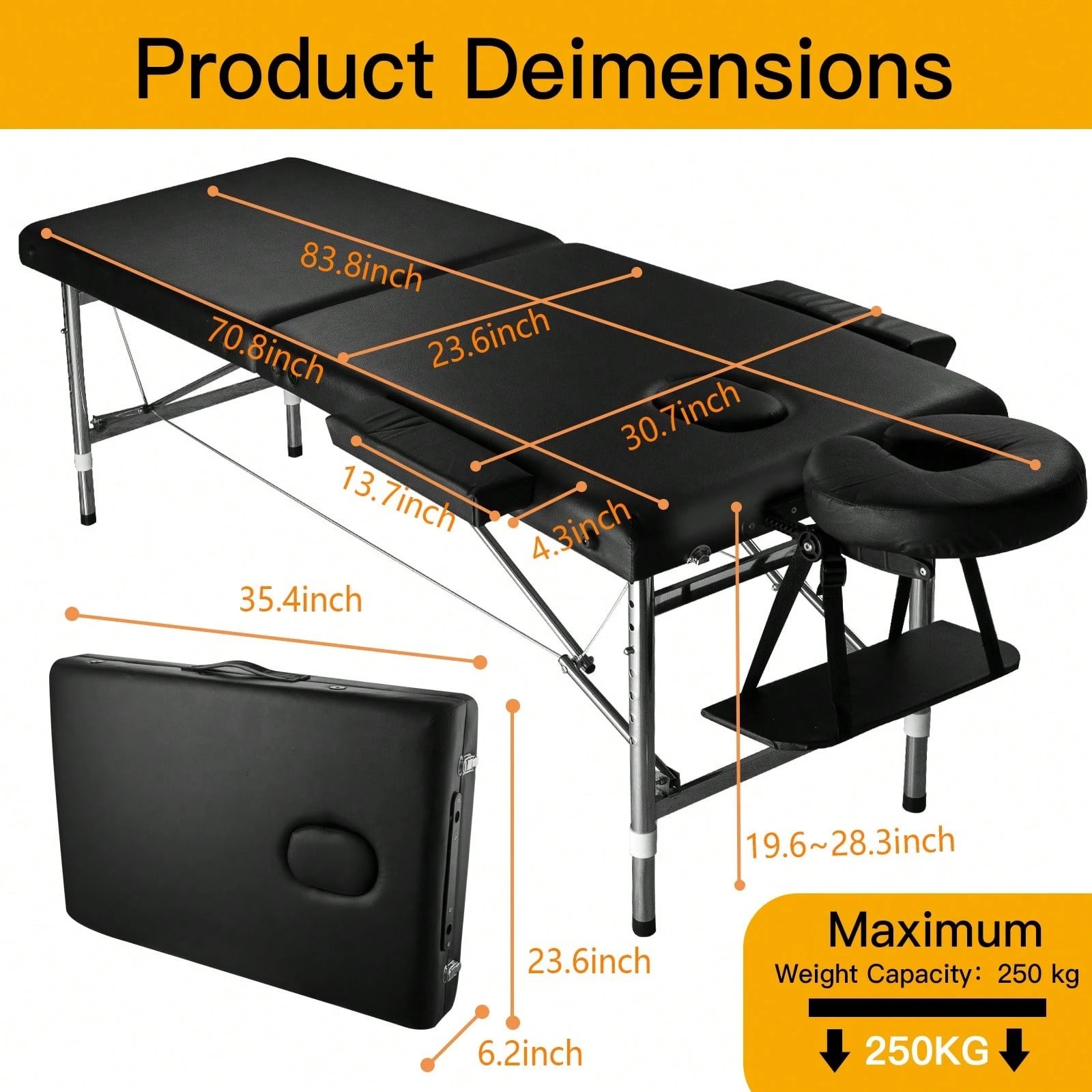 Portable Massage Table Adjustable Aluminum Folding Lash Bed Spa Chair