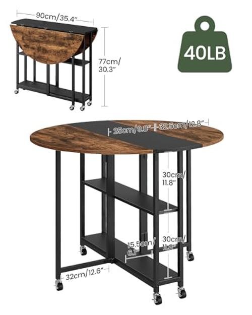 Folding Dining Table, Kitchen Table with 6 Wheels, Folding Round Table with 2