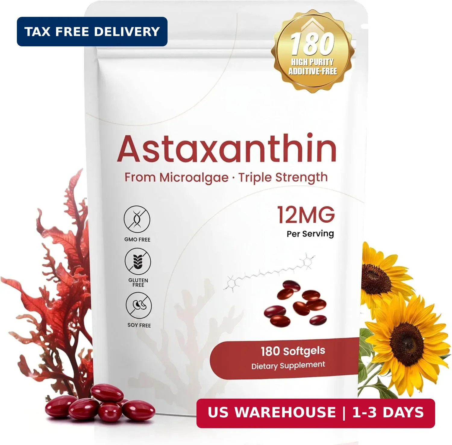 Astaxanthin 12mg Softgels -Non-GMO & Gluten Free 180 Softgels