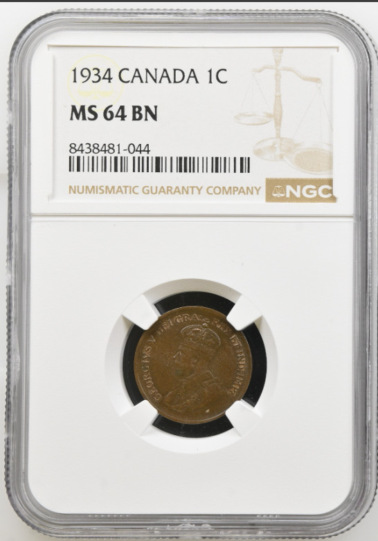 1934 1 Cent. Canada George V. KM-28. NGC MS64 top pop