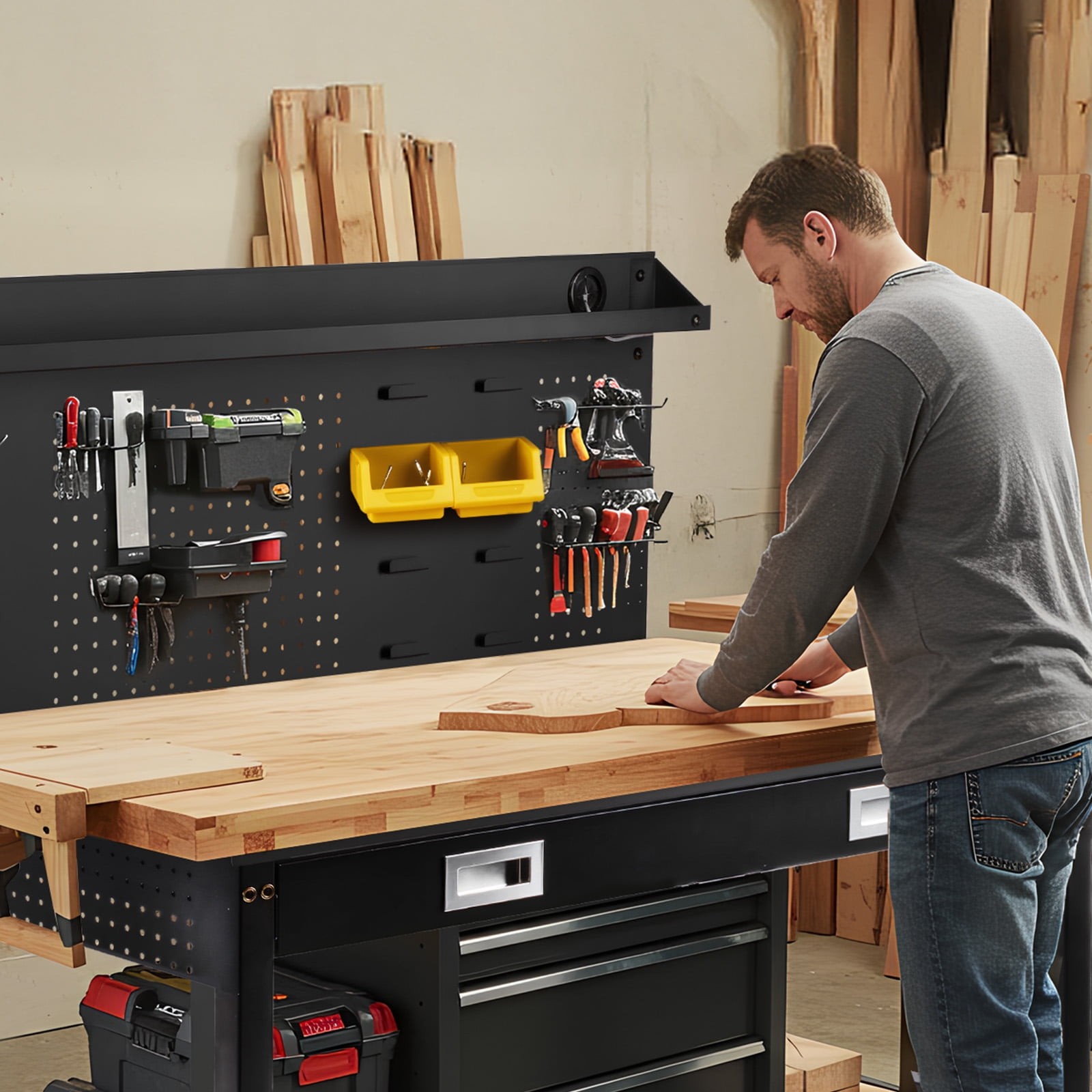 Heavy Duty Garage Workbench Pegboard Power Outlets Led Light Adjustable Height