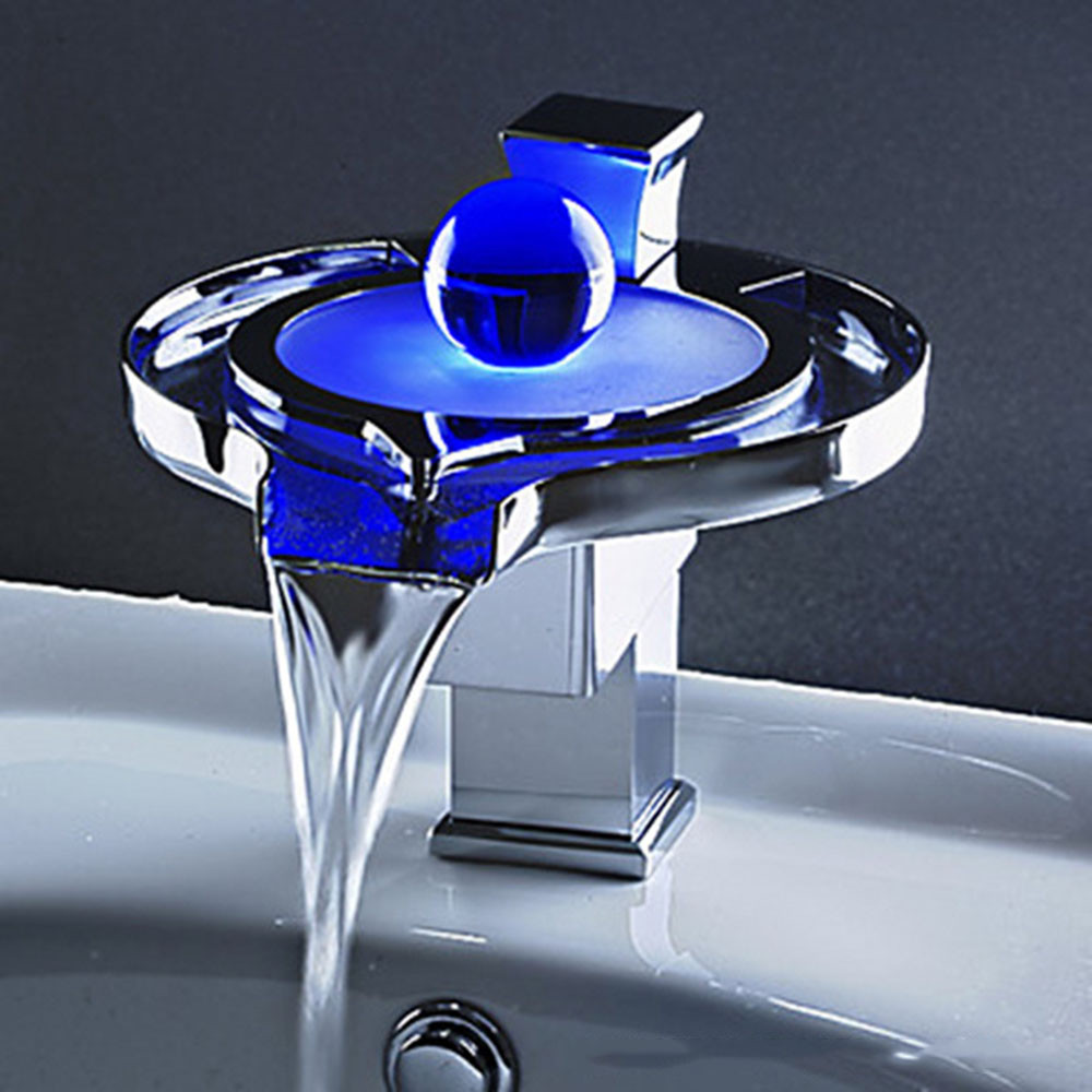 US Chrome Bathroom Basin LED Mixer Waterfall Spout Faucet Deck Mounted Brass