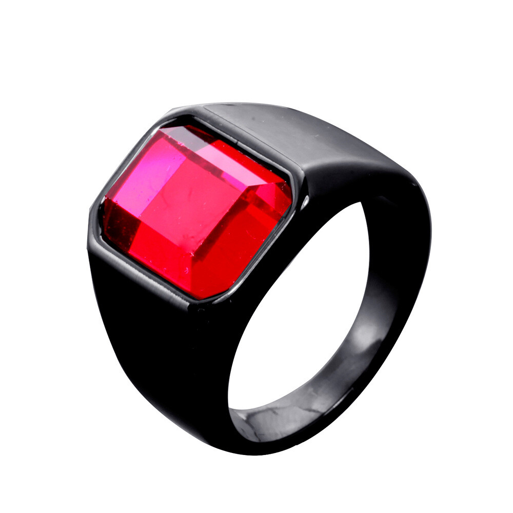 13.5mm Mens Black Red Square Cut Zircon Band 316L Stainless Steel Ring Size 7-13