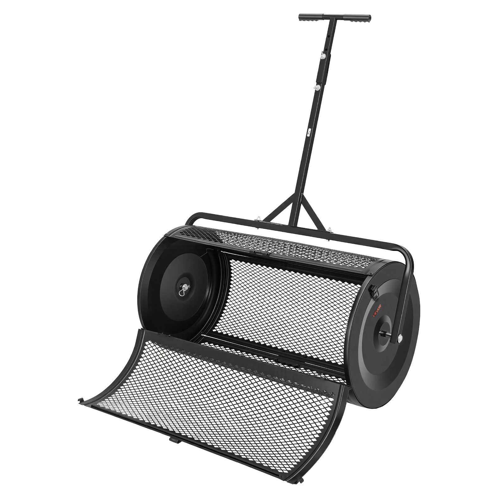 Peat Moss Spreader 36in, Steel Drum 4.1cu ft, Diamond Mesh, Push or Tow, Black