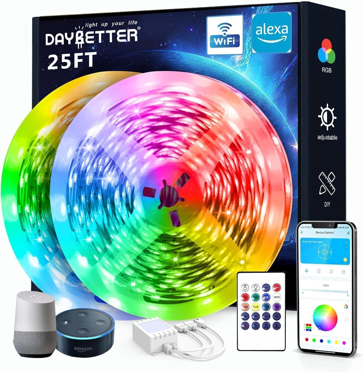 Smart Wifi Led Lights, 25 FT RGB Led Strip Lights Compatible with Alexa and Goog
