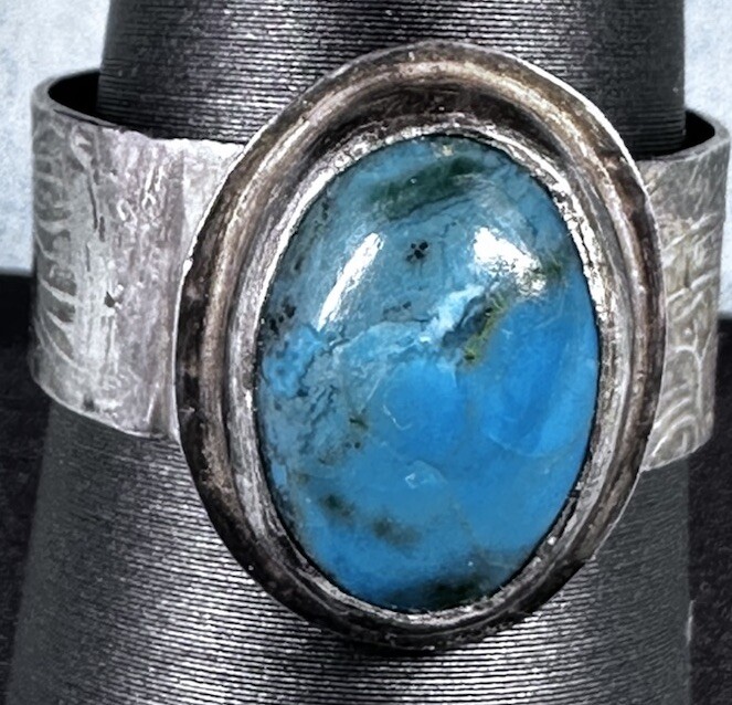 Artisan Etched Floral Silver Band & Turquoise Size 9
