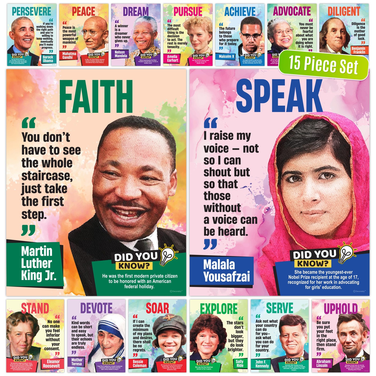Decorably 15 World Famous People History Posters for Classroom, 11x14in