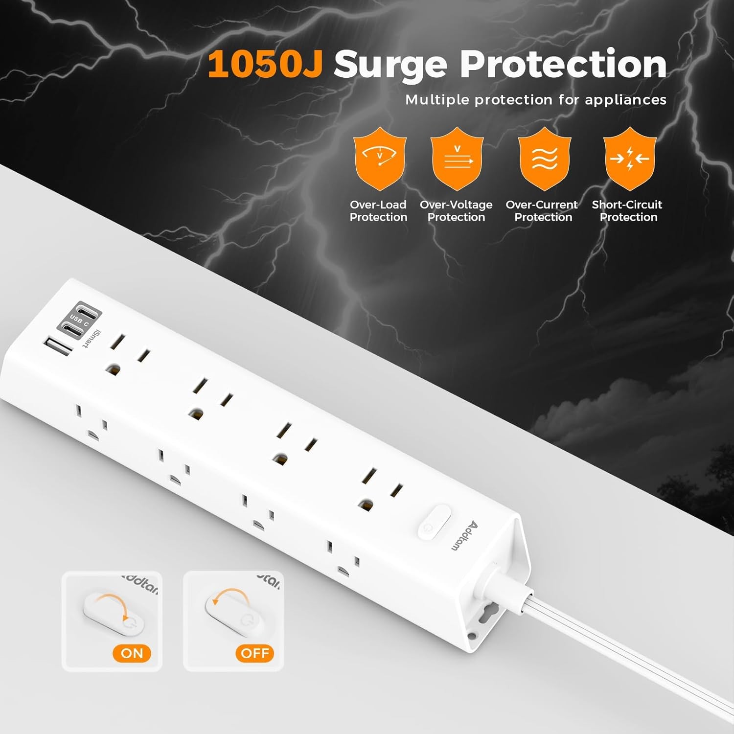 15Ft Extension Cord with Multiple Outlets, Addtam Flat Plug Power Strip Surge Pr