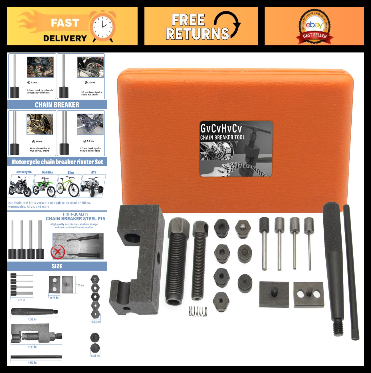 Motorcycle Chain Breaker Tool Kit - 18-Piece Rivet & Link Cutter Set for ATV, Bi