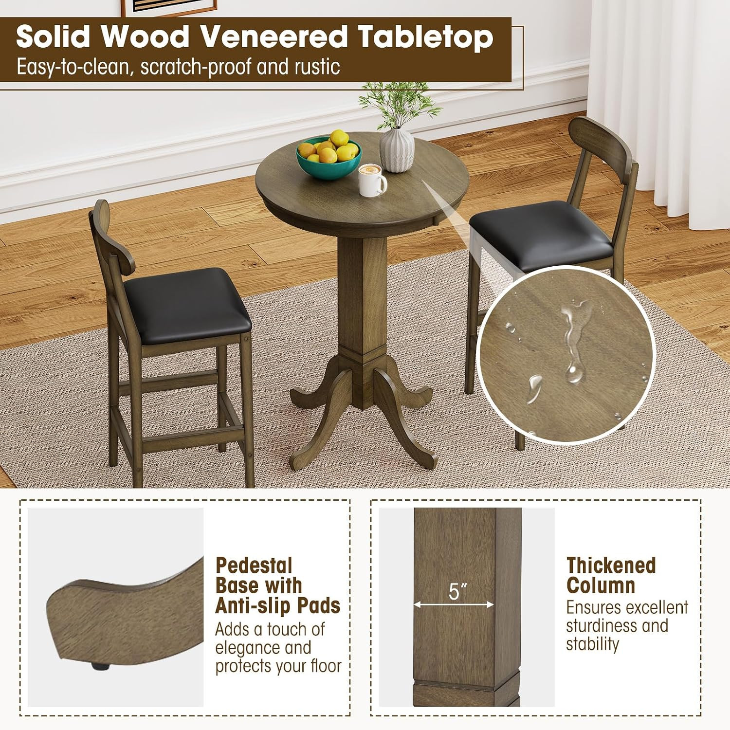 30” round Bar Table, Dining Table with Rubber Wood Frame, Elegant Base, 180 LBS