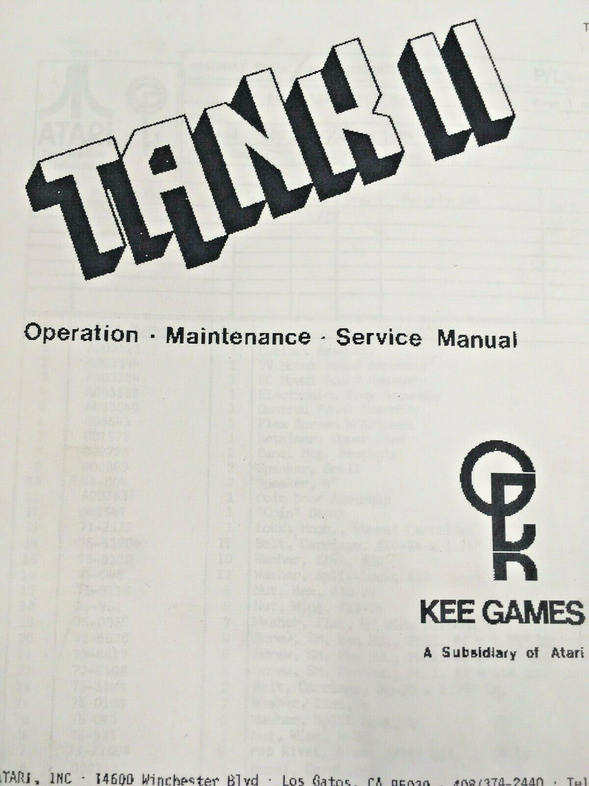 KEE Games Tank 2 Arcade Machine Operation Maintenance Service Manual Schematics