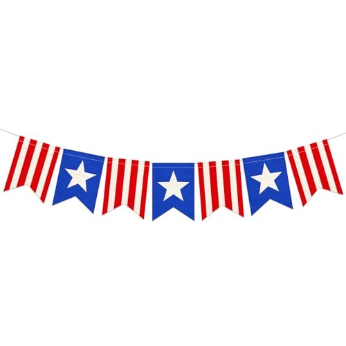 Pre-Strung Patriotic Linen Banner with Red, White & Blue Star Panels, Rustic