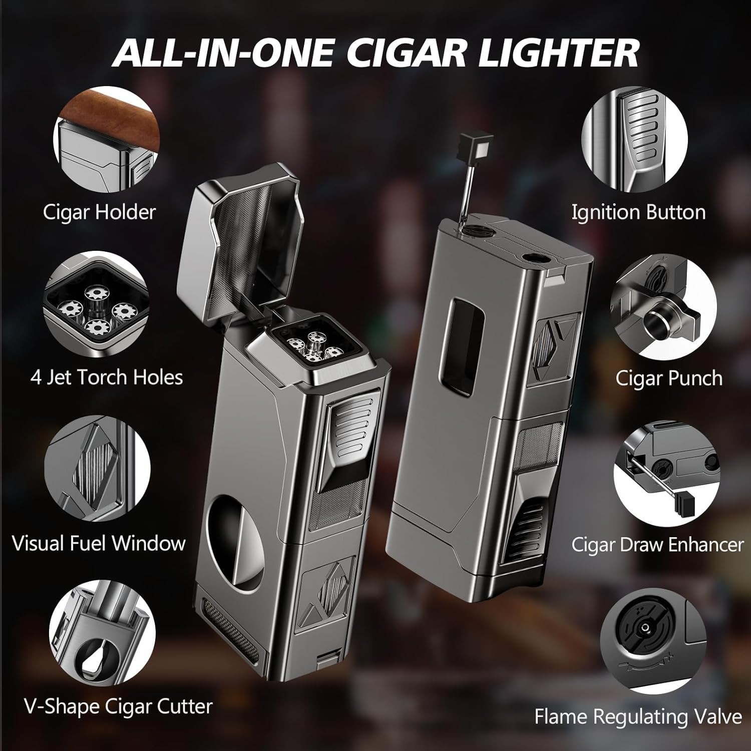 Cigar Torch Lighter 4 Jet Flame Cigar Lighter with Cigar Cutter V Cut Cigar
