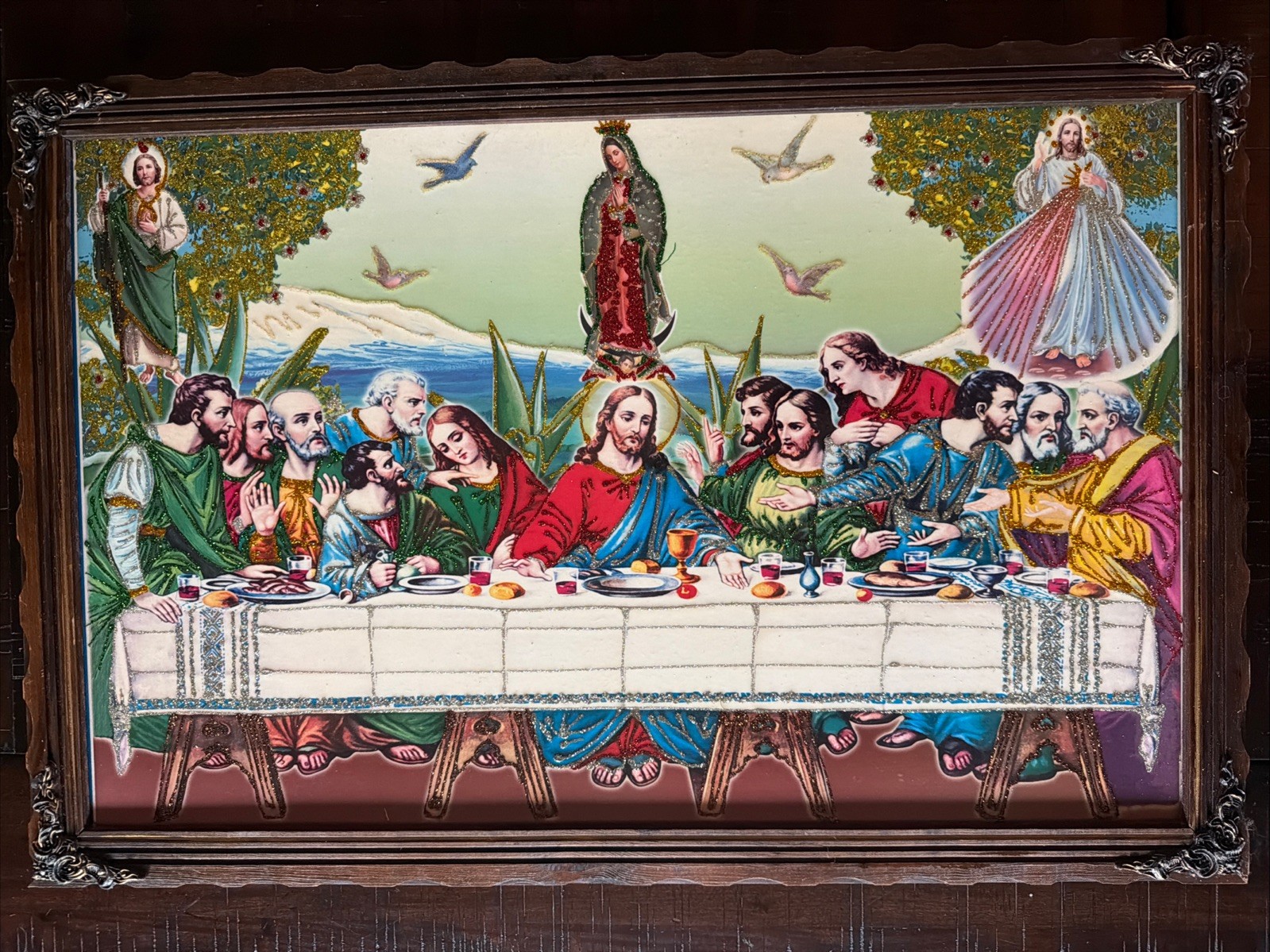 “The Last Supper” Framed kitschy Art Glitter  painting Vintage Frame 36x24”