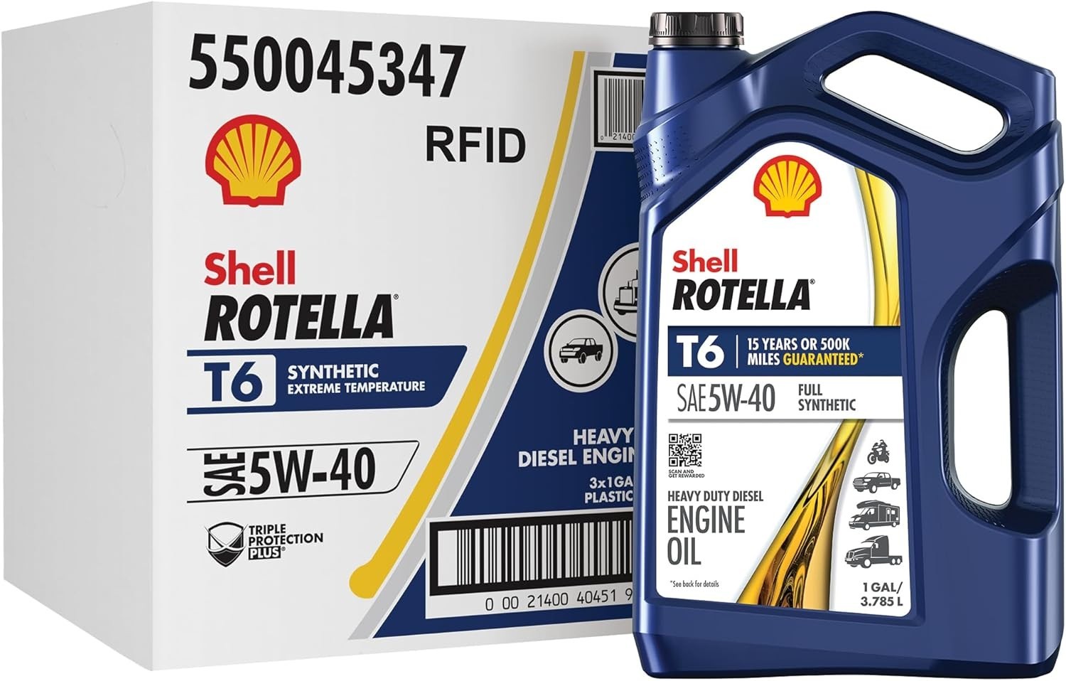 (3 pack) Shell Rotella T6 Full Synthetic 5W-40 Diesel Engine Oil, 1 Gallon