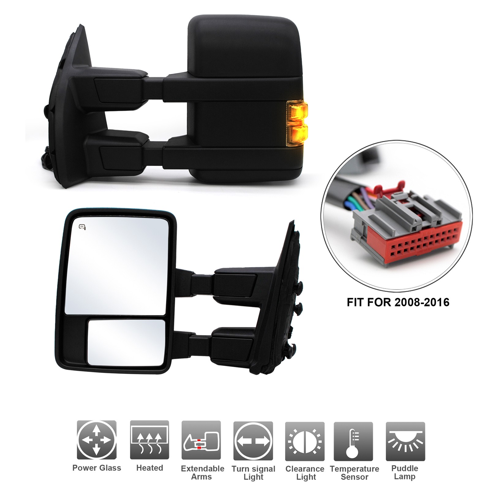 LH RH Tow Mirrors For 08-16 Ford F250-550 Super Duty Power Heated Smokded Signal